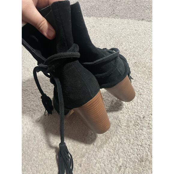 Aldo Contessina Ankle Boots Tie Womens Sz 7 Leather Black Almond Toe Stack Heel - Picture 7 of 11